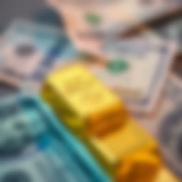 Golden bars with US dollar bills background representing gold to US dollar exchange