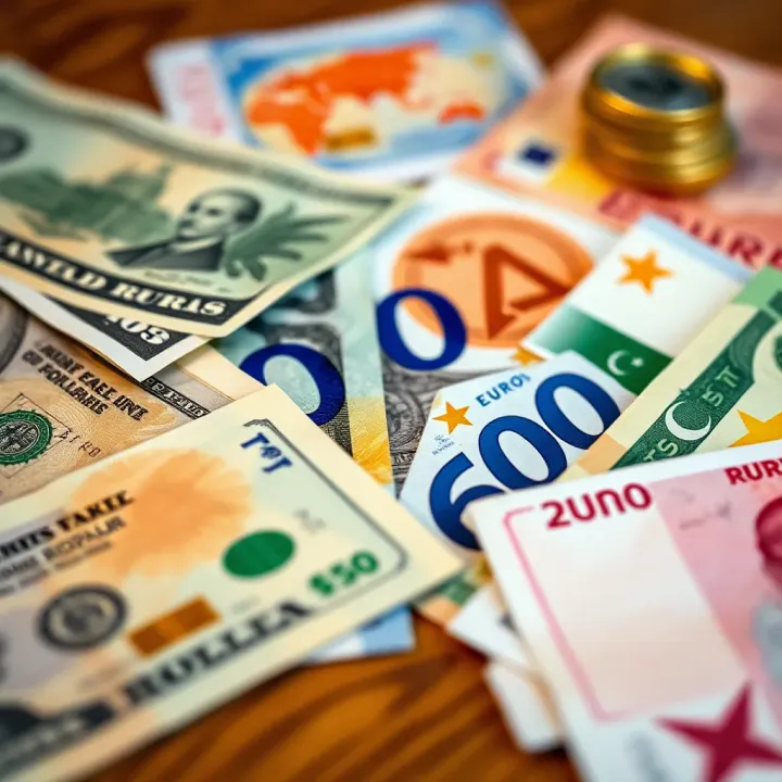 Close-up of various global currency notes including US dollar, Euro, and Pakistani rupee spread out on a table