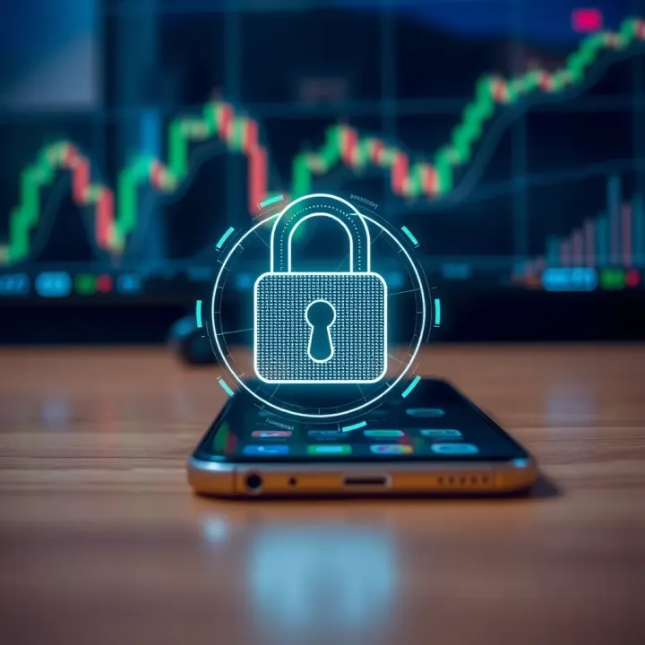 Secure Trading App Features for Safe Financial Transactions Secure digital lock icon overlaid on a smartphone representing app security for trading