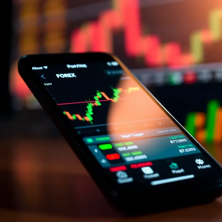 Mobile phone displaying a forex trading app interface with charts and currency pairs
