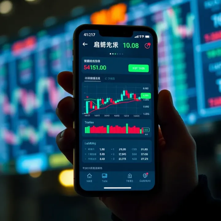 Stock Trading App Interface on Mobile Phone Mobile phone displaying a stock trading app interface with charts and market data