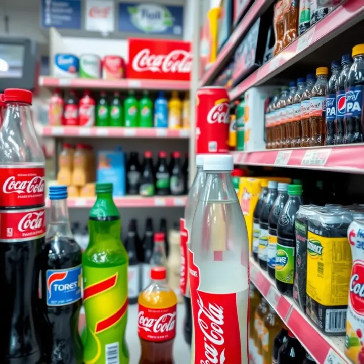 Variety of beverage products from Coca-Cola competitors displayed on shelves
