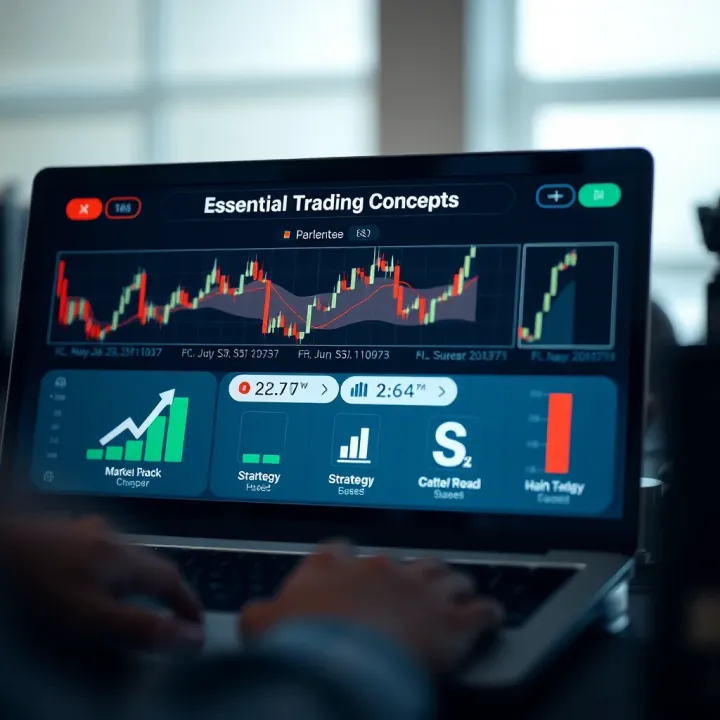 Visual Representation of Essential Trading Concepts Graphic showing key trading concepts such as candlestick charts, market trends, and strategy icons