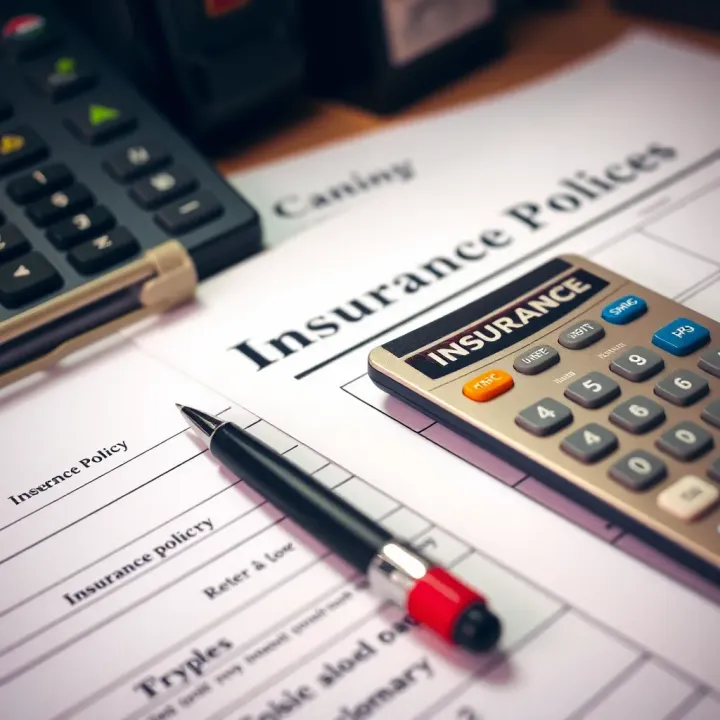 Various types of insurance policy documents arranged on a desk with a pen and calculator