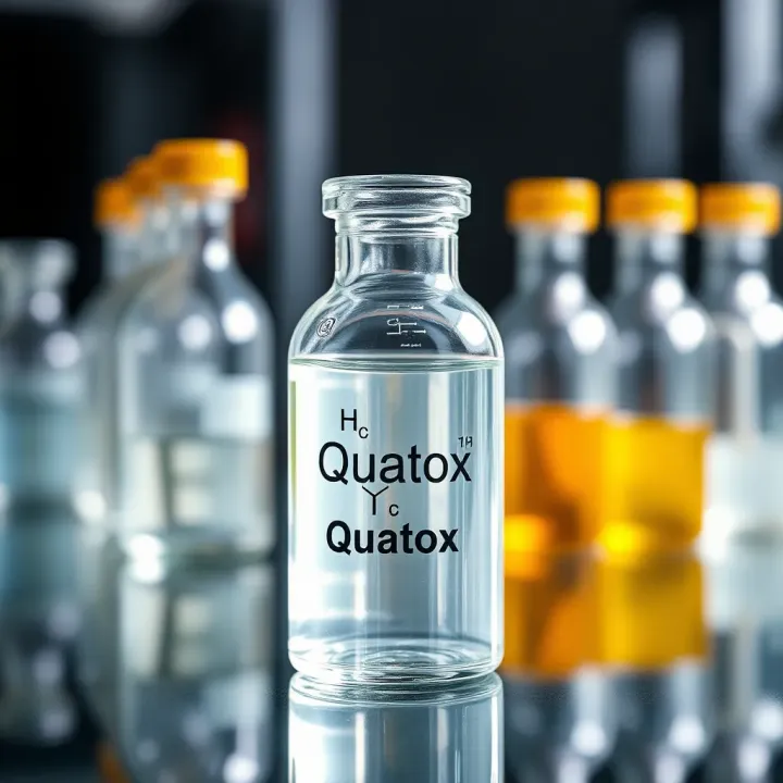 Chemical Properties and Composition of Quatox Laboratory glassware containing Quatox solution with chemical formula illustration