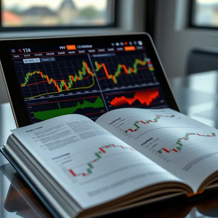 Digital Trading Book Displaying Financial Charts An open digital book displaying trading charts and financial data on a tablet device