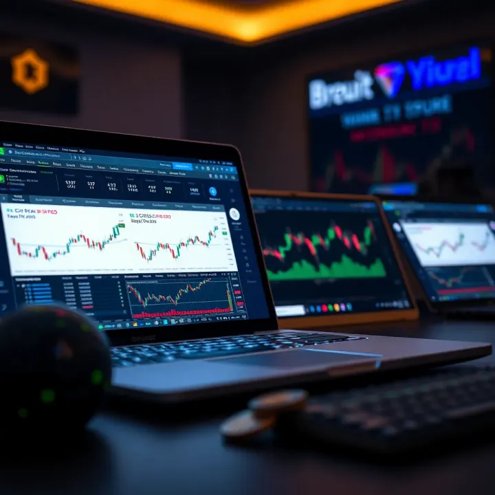 Illustration of a laptop displaying popular crypto trading platforms and charts