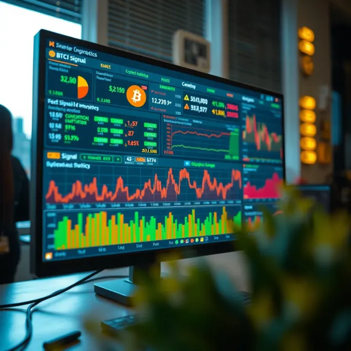 Illustration of a computer screen showing multiple cryptocurrency signal sources and analytics