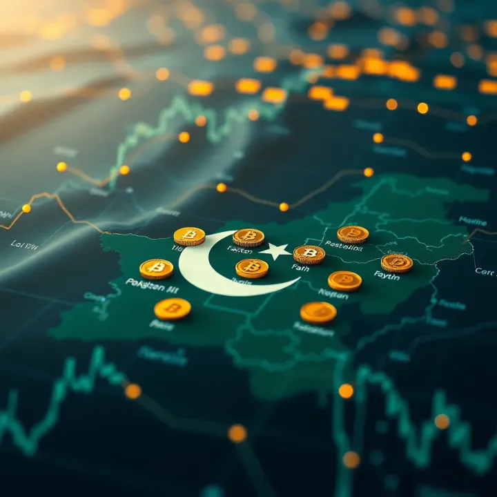 Cryptocurrency Trading Landscape in Pakistan Digital representation of cryptocurrency symbols over Pakistan's map highlighting trading activity