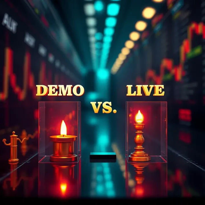 Comparison of demo trading and live trading concepts with financial market icons