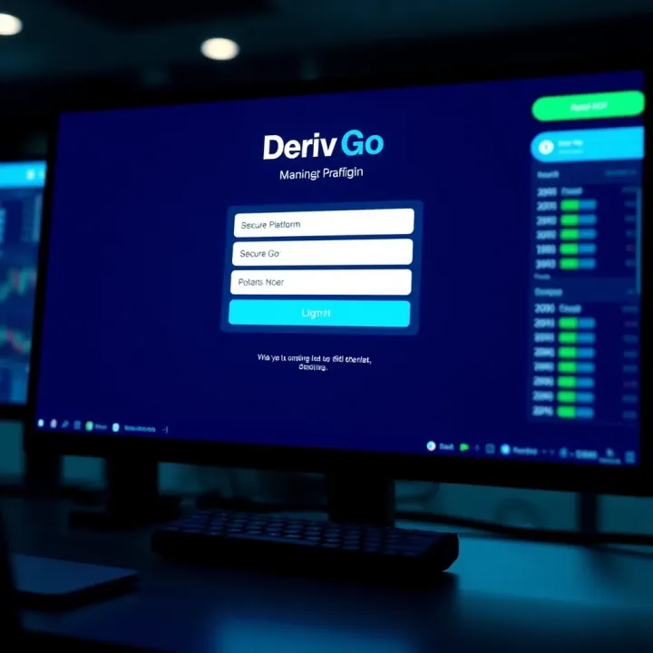 User interface showing Deriv Go platform login screen with input fields and secure login button