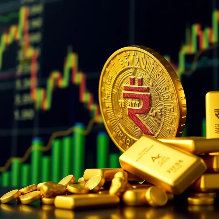 Pakistani rupee symbol with gold bars and global economic indicators