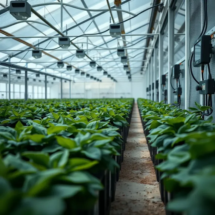 Greenhouse interior showing rows of healthy leafy plants with automated environmental controls