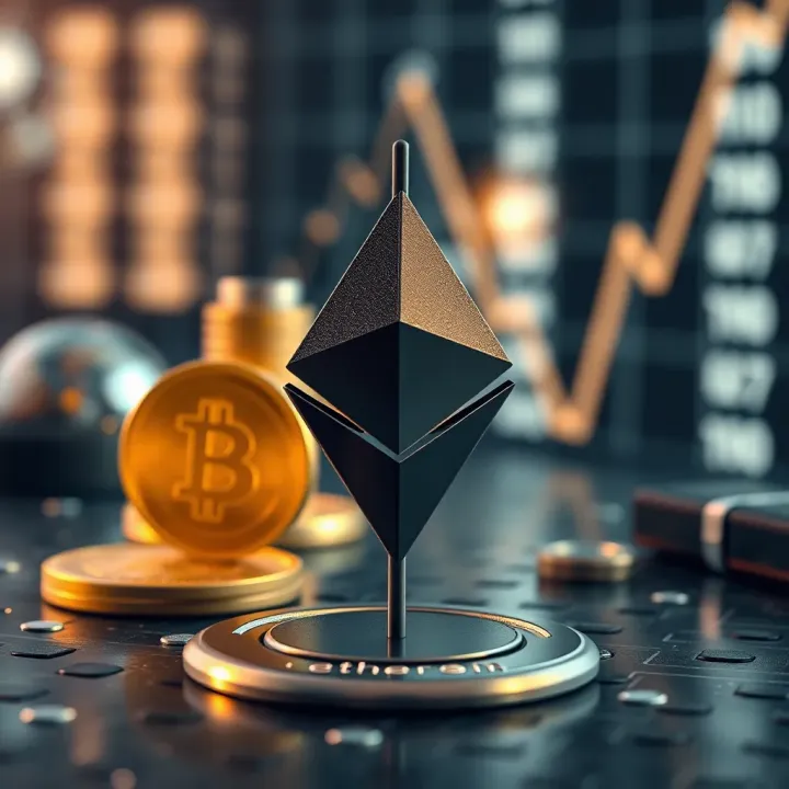 Illustration of Ethereum technology with blockchain elements and future growth indicators