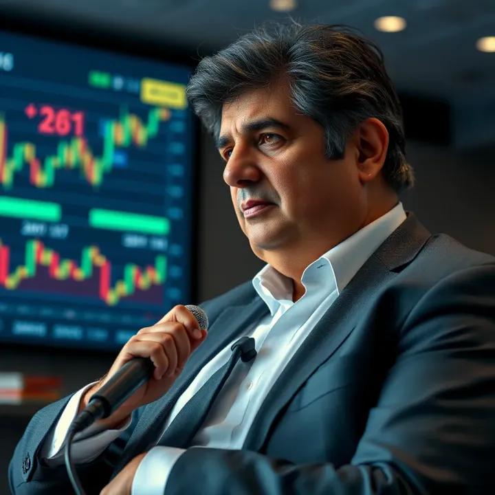 Arif Naqvi at a Business Conference Highlighting Financial Insights Arif Naqvi speaking at a business conference with financial charts in the background
