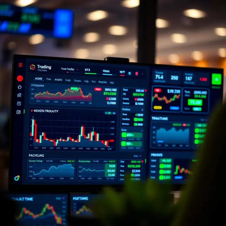 Mock Trading Dashboard Featuring Practice Investment Tools Digital screen showing a mock trading dashboard with portfolio metrics and practice investment options