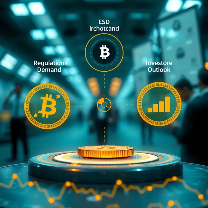 Illustration of factors influencing Bitcoin value including market demand, regulations, and investor sentiment