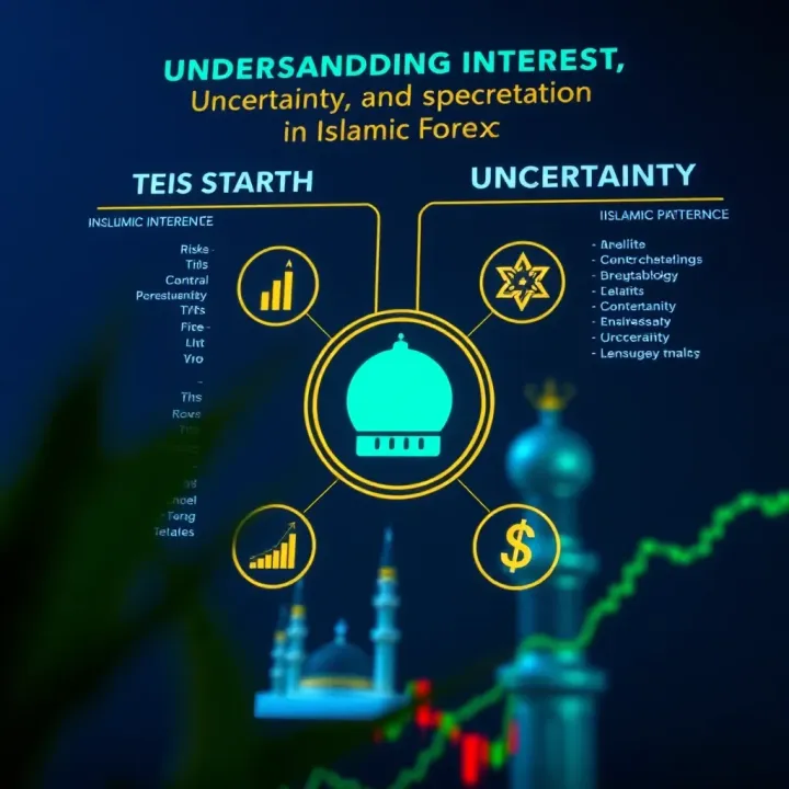 Understanding Interest, Uncertainty, and Speculation in Islamic Forex Trading Graphic depicting various types of financial risks including interest and uncertainty with Islamic perspective icons