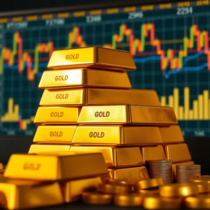 Gold Price Trends and Market Fluctuations Golden bars stacked with fluctuating financial charts in background representing gold price trends in Pakistan
