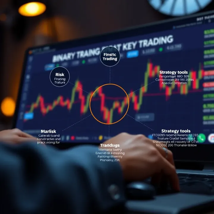 Graphic illustrating key features of binary trading apps such as risk management and strategy tools