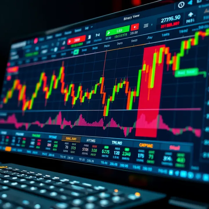TradingView Charting Tools for Binary Options Trading TradingView interface displaying detailed candlestick charts with multiple technical indicators for binary options analysis