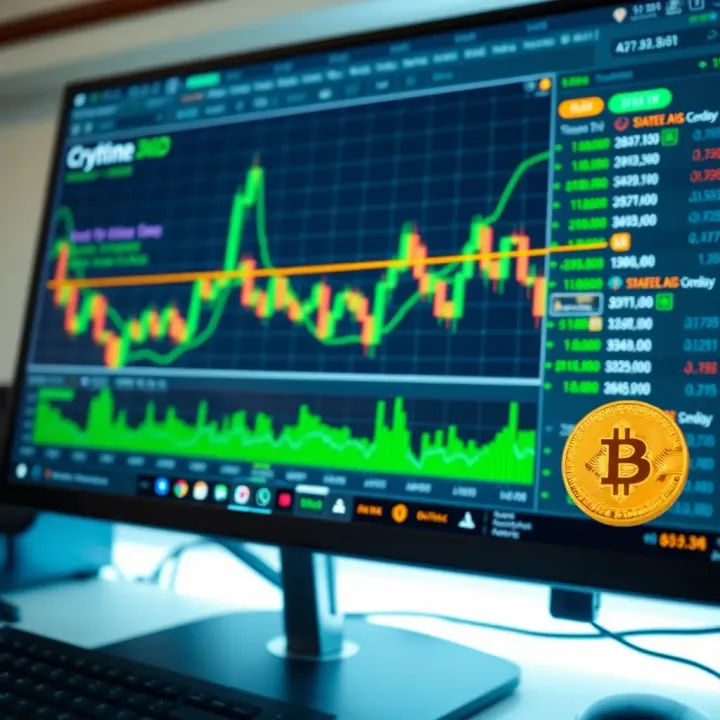 Cryptocurrency trading interface showing price charts and digital currency icons on a computer screen