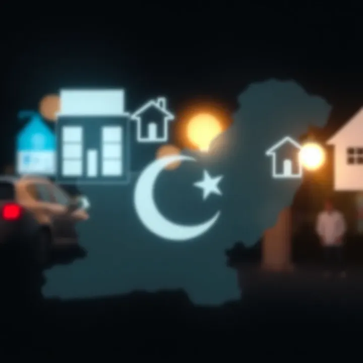 Illustration of insurance protection icons including home, car, and business with a backdrop of Pakistan map