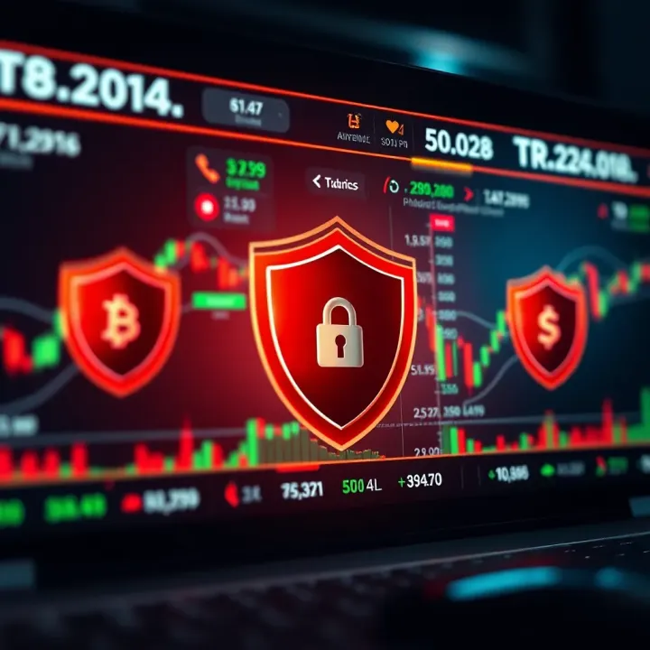 Secure online trading environment featuring safety shields and digital currency icons