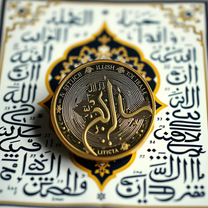 Cryptocurrency and Islamic Finance Principles Islamic calligraphy with a digital cryptocurrency coin symbolizing the intersection of faith and modern finance