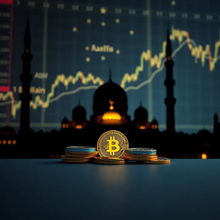 A mosque silhouette against a digital background with cryptocurrency icons representing Islamic views on digital trading
