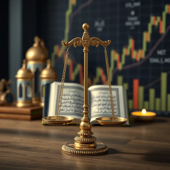 Ethical Investment in Islamic Finance Conceptual graphic showing balance scales with Quran and financial charts representing ethical investment