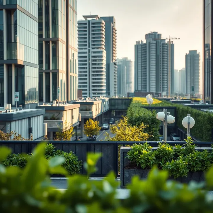 Modern cityscape featuring green barriers and soundproofing elements to reduce noise levels