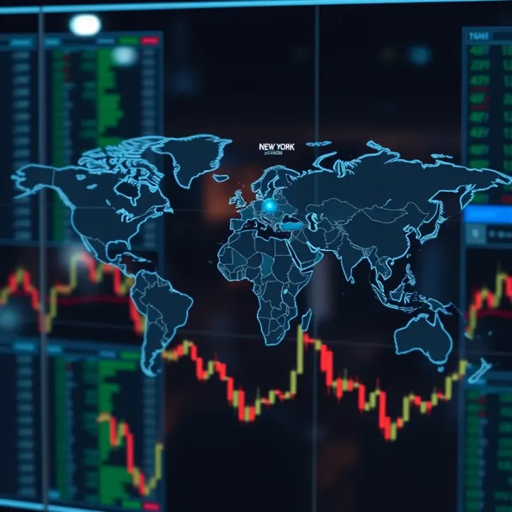 World map illustrating global forex trading sessions with New York session highlighted