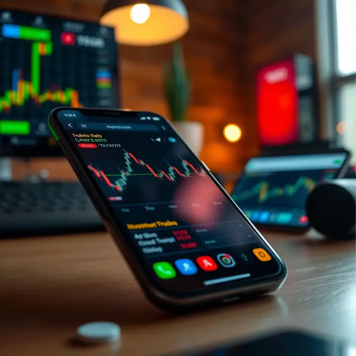 Smartphone displaying popular trading platforms with charts and investment options