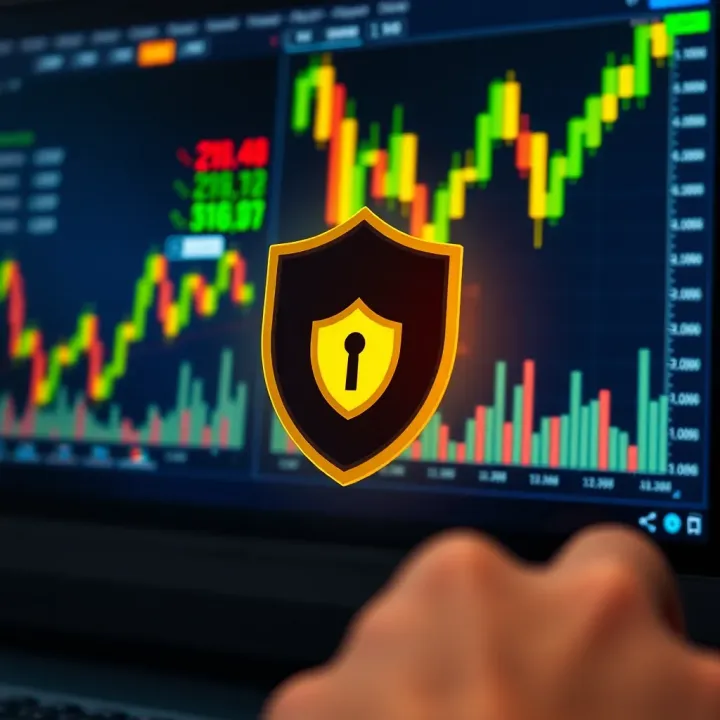 Ensuring Safety and Avoiding Scams in Online Trading Secure digital interface with trading charts and shield icon symbolizing safe investment and fraud prevention