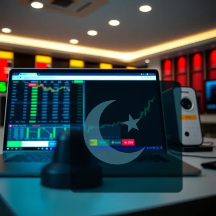 Graphic showing online trading platform interface with Pakistan flag overlay