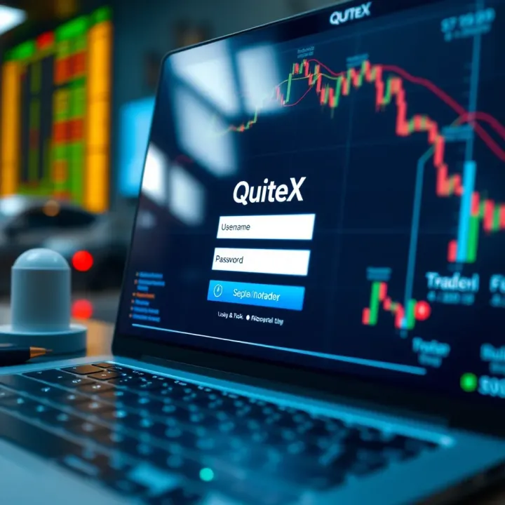 Illustration showing a secure login screen for QuoteX online trading platform with username and password fields