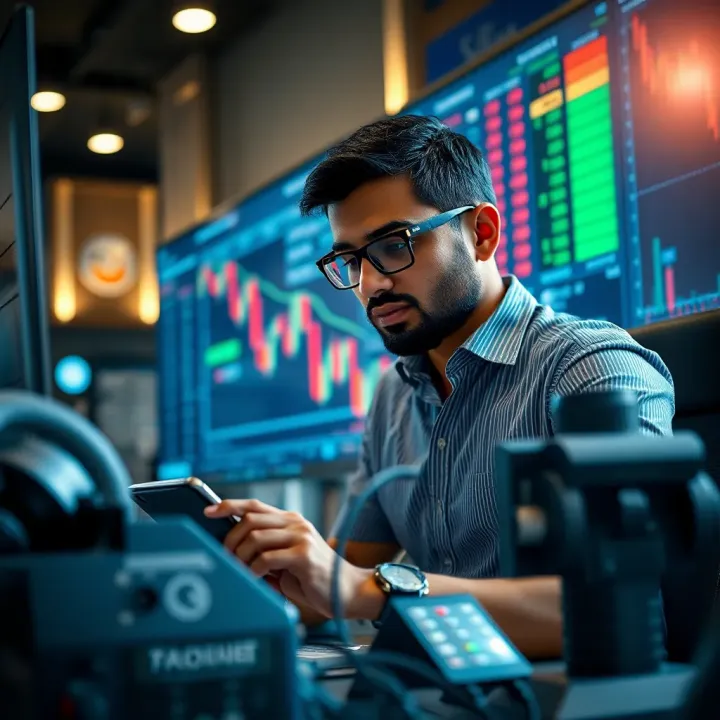 Visual representation of a trader analyzing market trends using QX Broker demo account tools tailored for the Pakistani trading market