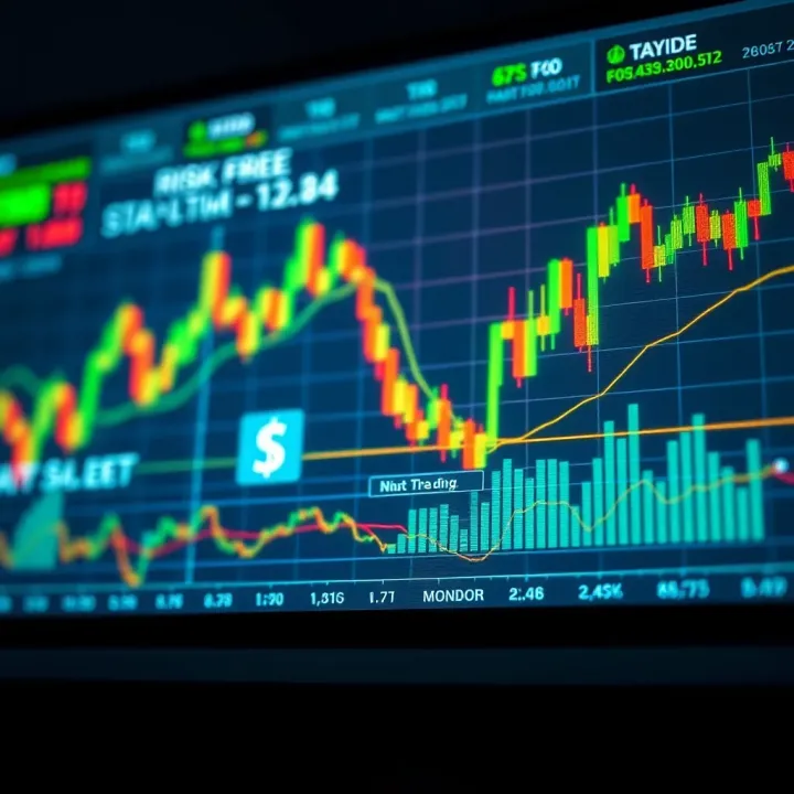 Risk-Free Trading Practice Concept with Digital Charts Conceptual illustration of risk-free trading practice with digital charts and currency symbols