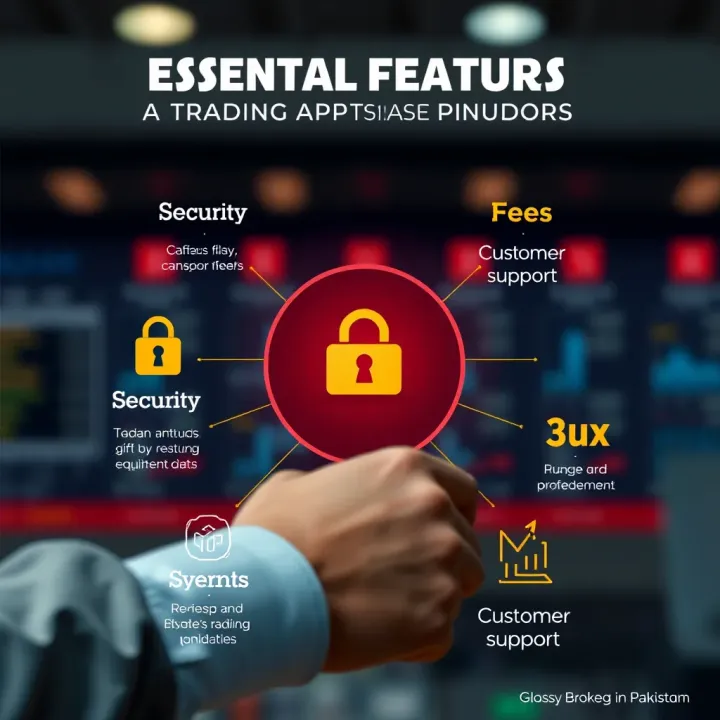 Graphic illustrating key features of trading apps such as security, fees, and customer support