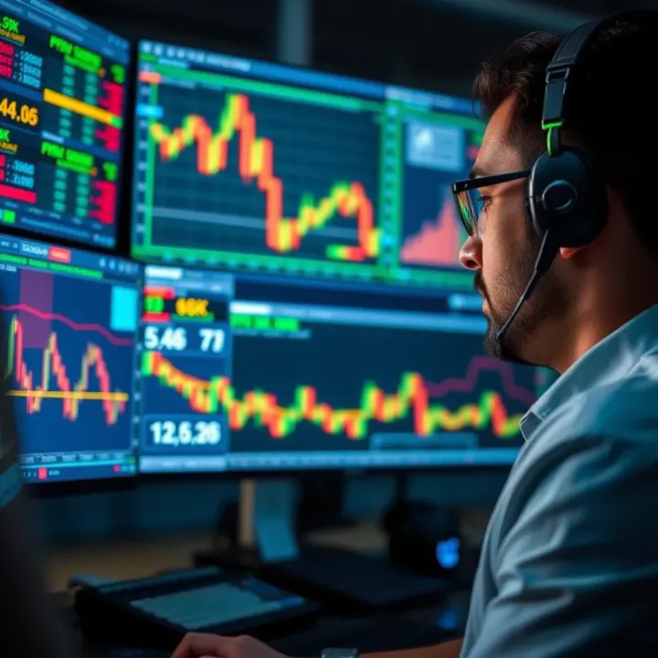 Illustration of a trader evaluating forex data on multiple screens highlighting risk factors and data reliability