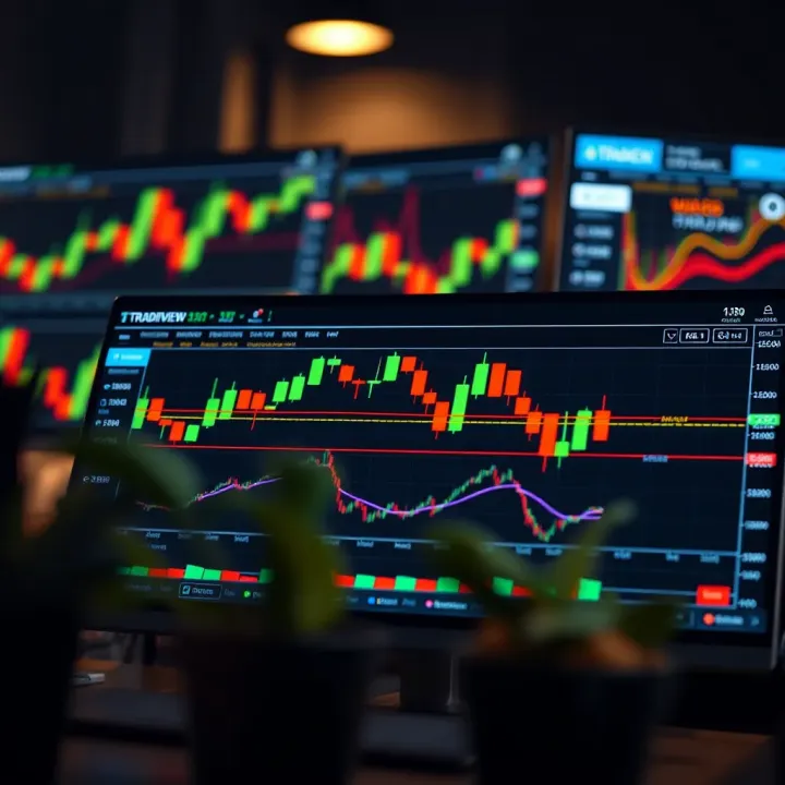 Screenshot of TradingView platform showing various chart types including candlestick and line charts with technical indicators applied