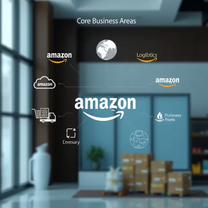 Core Business Areas of Amazon Illustration of Amazon's diverse business sectors including e-commerce, cloud computing, and logistics services