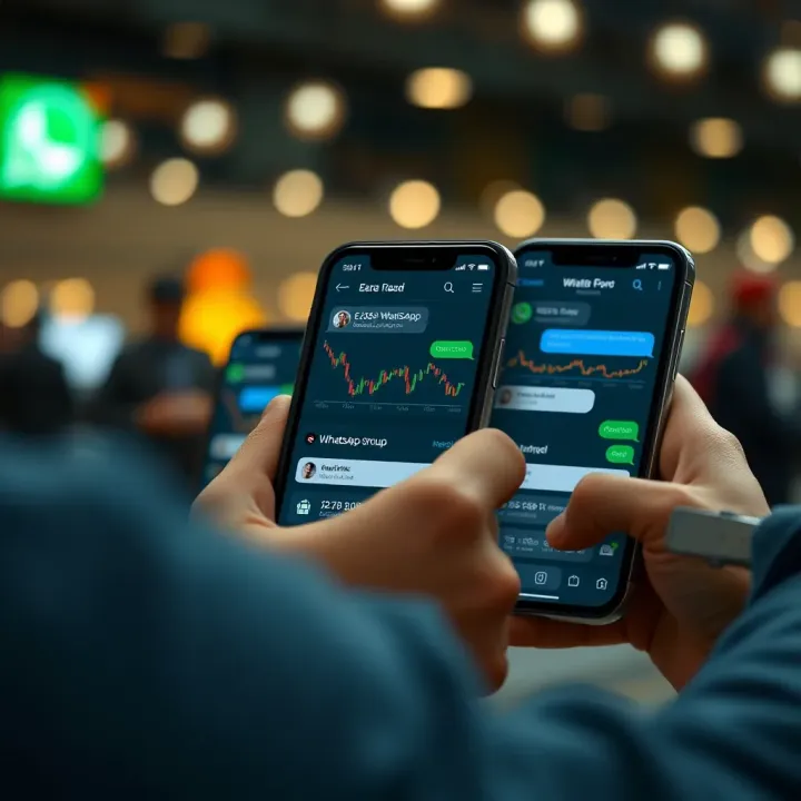 Smartphones displaying chat screens of a WhatsApp group dedicated to Exness traders with trading charts and messages visible