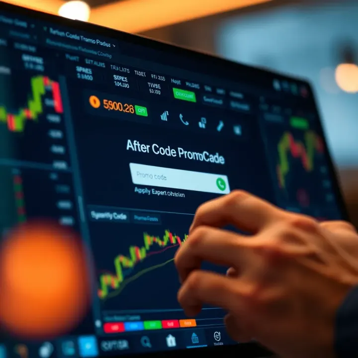 Closeup of a digital trading platform screen showing promotional code application