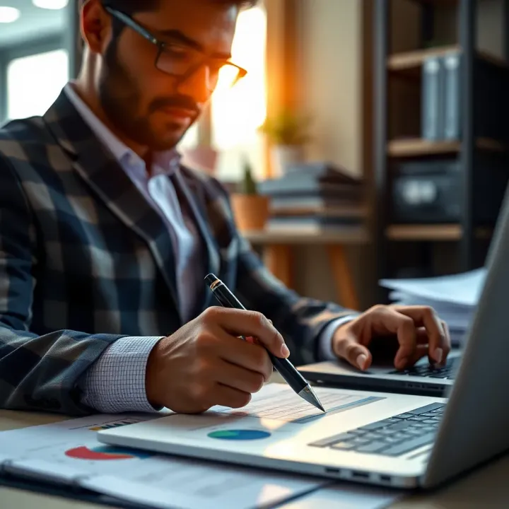 Close-up of a businessperson reviewing export documentation with charts and a laptop