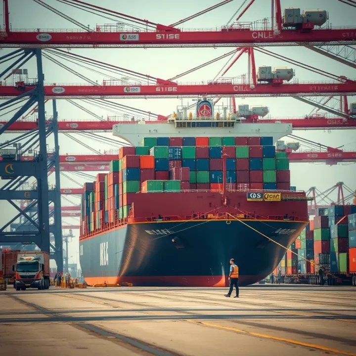 Cargo containers being loaded onto a large international shipping vessel at a bustling port
