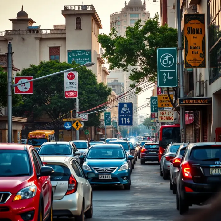 Urban street with vehicles and buildings illustrating sources of noise pollution