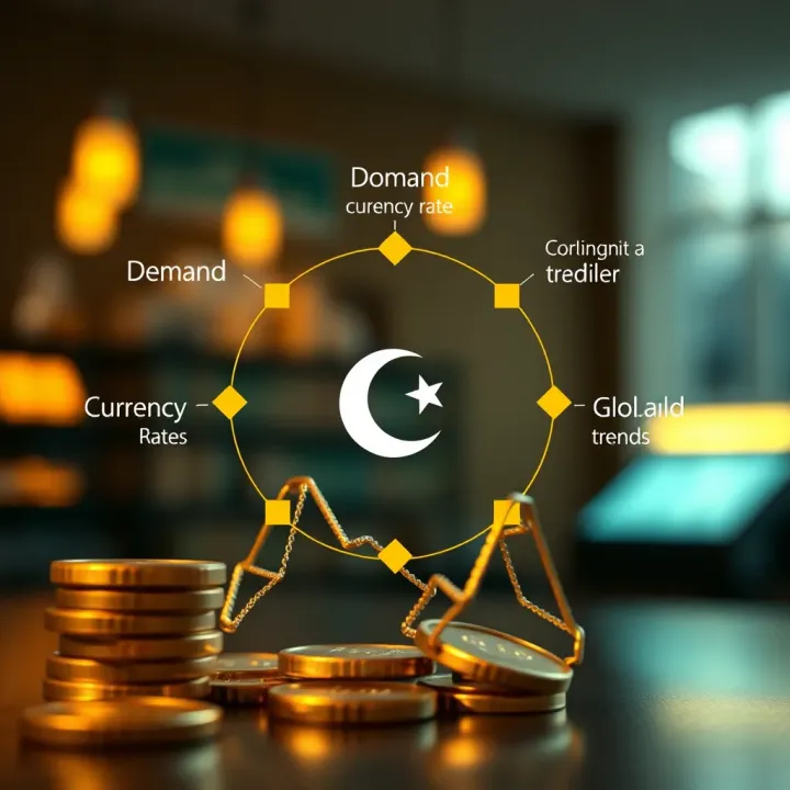 Key Elements Influencing Gold Rate Movements in Pakistan Illustration showing key factors such as demand, currency rates, and global trends affecting gold rate
