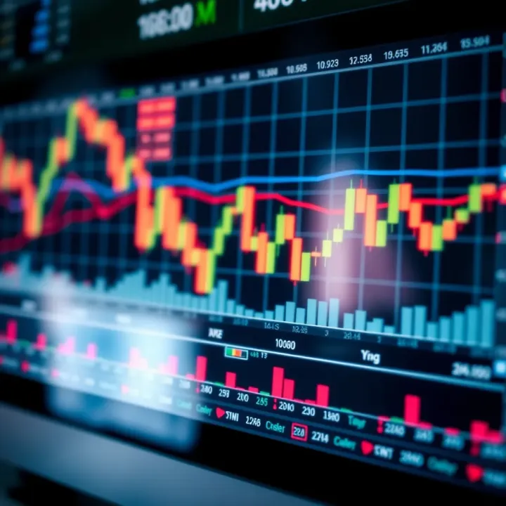Financial Market Trends Visualization Chart displaying financial market trends with candlestick patterns and volume bars